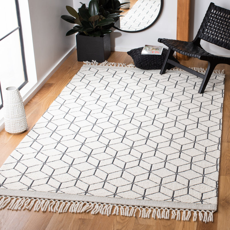 Tapis géométrique gris / ivoire en laine et coton tissé à la main Datari, Rectangle 8 pi x 10 pi