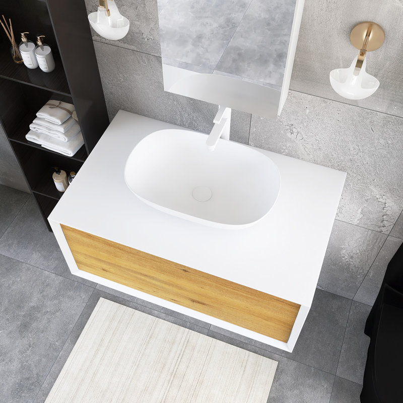 36" Wall Mounted Bathroom Vanity With White Solid Surface Top
