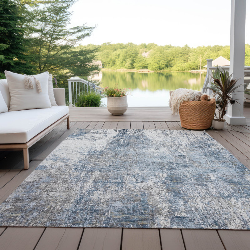 Tapis bleu intérieur / extérieur lavable à la machine Xhevrie, Rectangle 9 pi x 12 pi
