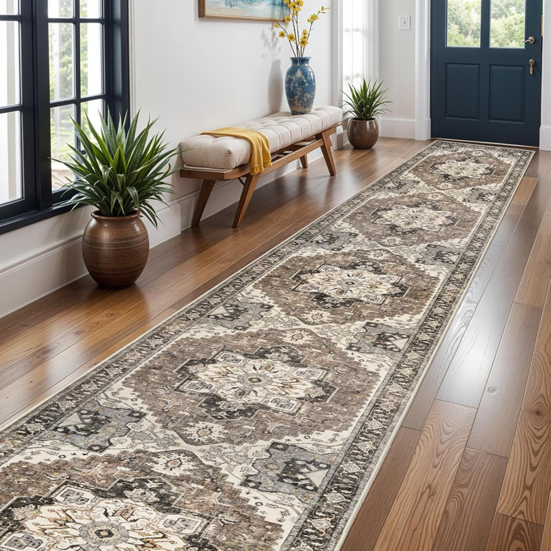 Rug Hallway - Washable Kitchen Vintage Stain Resistant Rugs Indoor Ultra-Thin Soft Floor Mat Non-Slip Rubber Backing Carpet for Bathroom Living Room Bedroom (Beige)