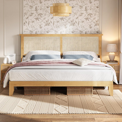 King Size Rattan Bed Frame, Boho Bed Frame with Natural Rattan Headboard, Rattan Bed Frame with LED Lights, Wood Support Legs and Slats, Noise-Free, No Box Spring Needed