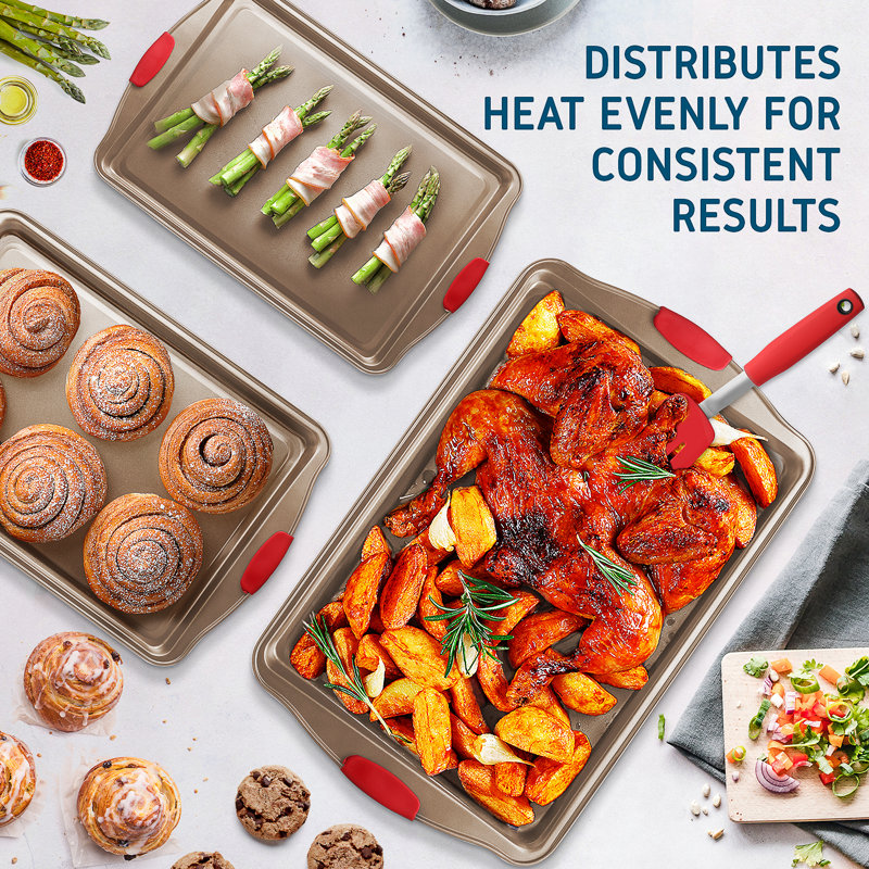 Brown Nonstick Carbon Steel Bakeware Set with Silicone Handles, 6-Piece
