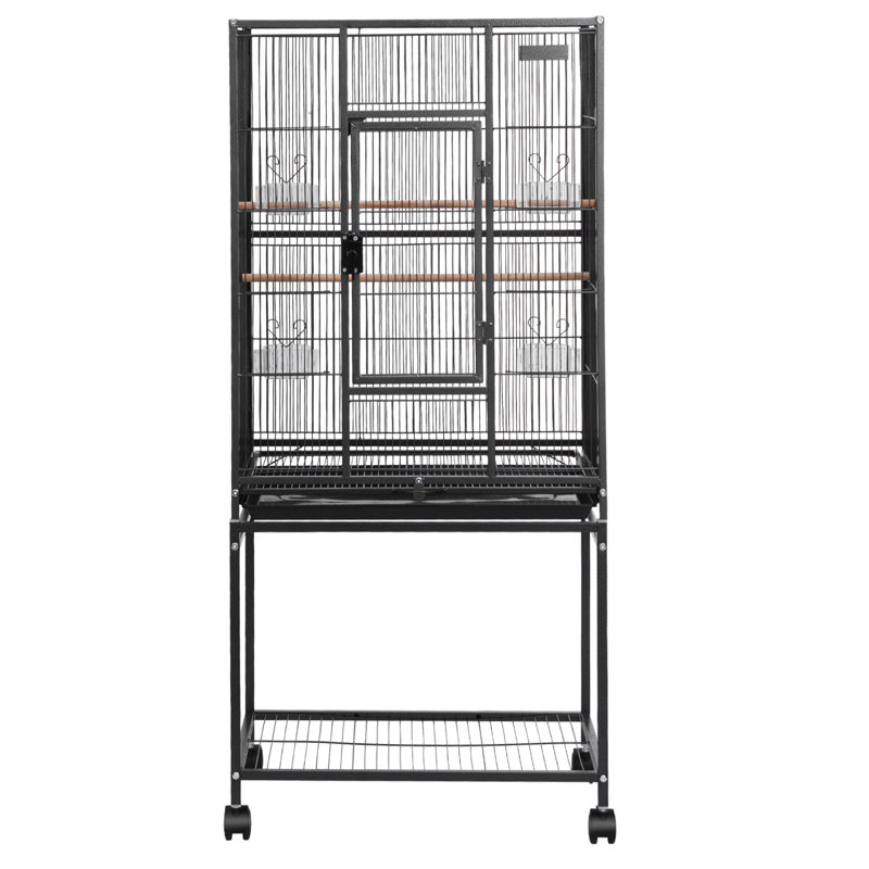 Cage à oiseau 53,9 pouces en plastique 1 pièce noir avec plateau plat, perchoirs, plateau coulissant et roulettes