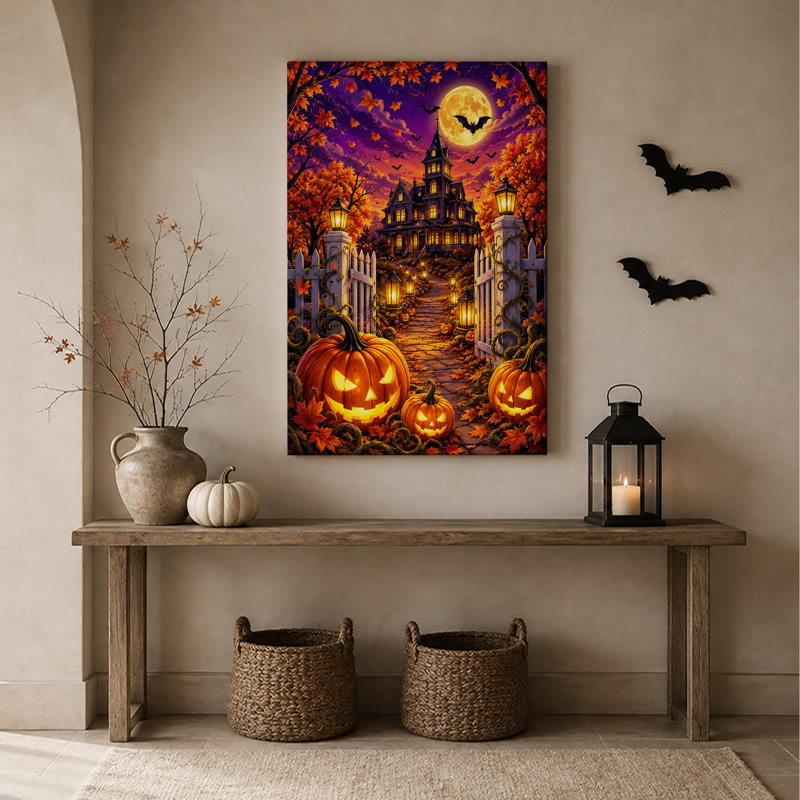 «Haunted House with Glowing Windows And Pumpkins», art mural sur toile, H 30 po x l 20 po