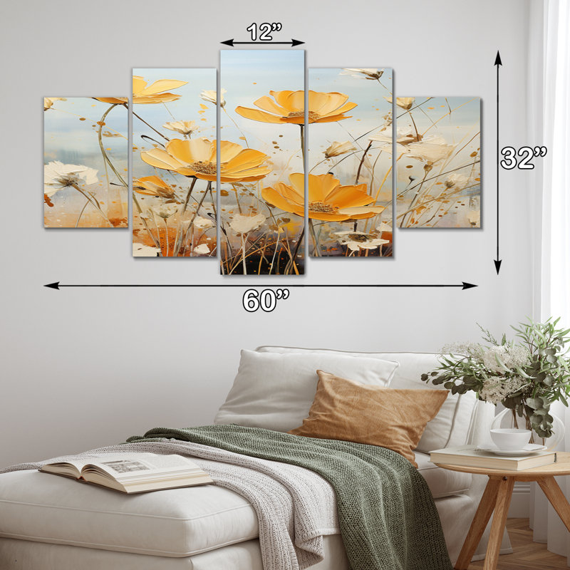 Meadow Blooming Yellow White Poppy Flowers II - Poppies Wall Art Print - 5 Panels