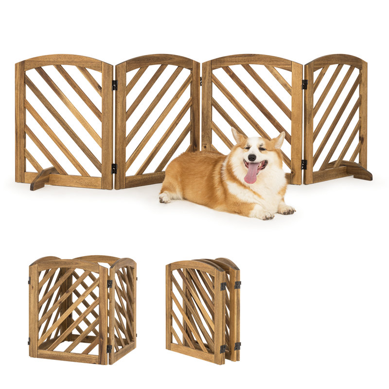 Darias Acacia Wood 4-Panel Freestanding Pet Gate, 24" Height and 81" Width, Brun