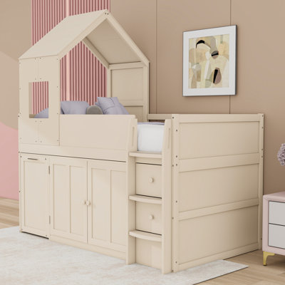 Twin Wood Loft Bed With Rolling Desk, Storage Shelves And Drawers
