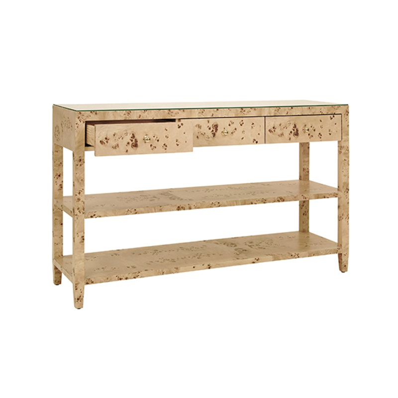 Three Drawer Console With Two Open Shelves In Natural Grasscloth With Polished Brass Knobs, Burl Wood
