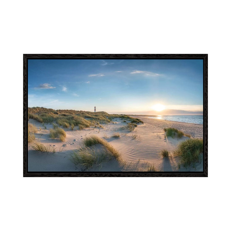 Dune Landscape with Lighthouse at Sunset, North Sea Coast, Sylt, Germany 1 Piece Wall Art on Canvas, Black Framed