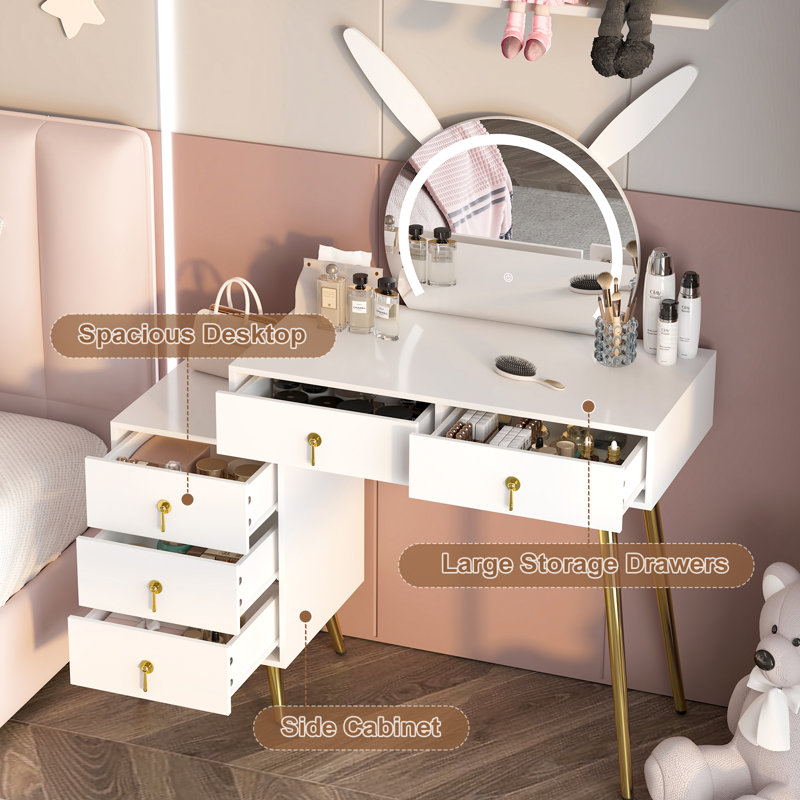 Tamme With Mirror and LED Lights, 5 Drawers Metal Legs, Grey