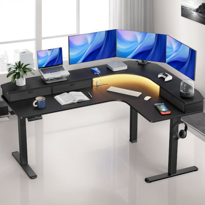 63" Height Adjustable L-Shaped Desk With Power Outlets & 3 Drawers, Standing Desk For Home Office