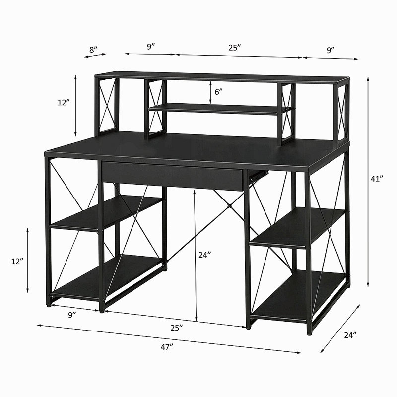 Bureau d'écriture avec un tiroir et 8 compartiments ouverts, Noir
