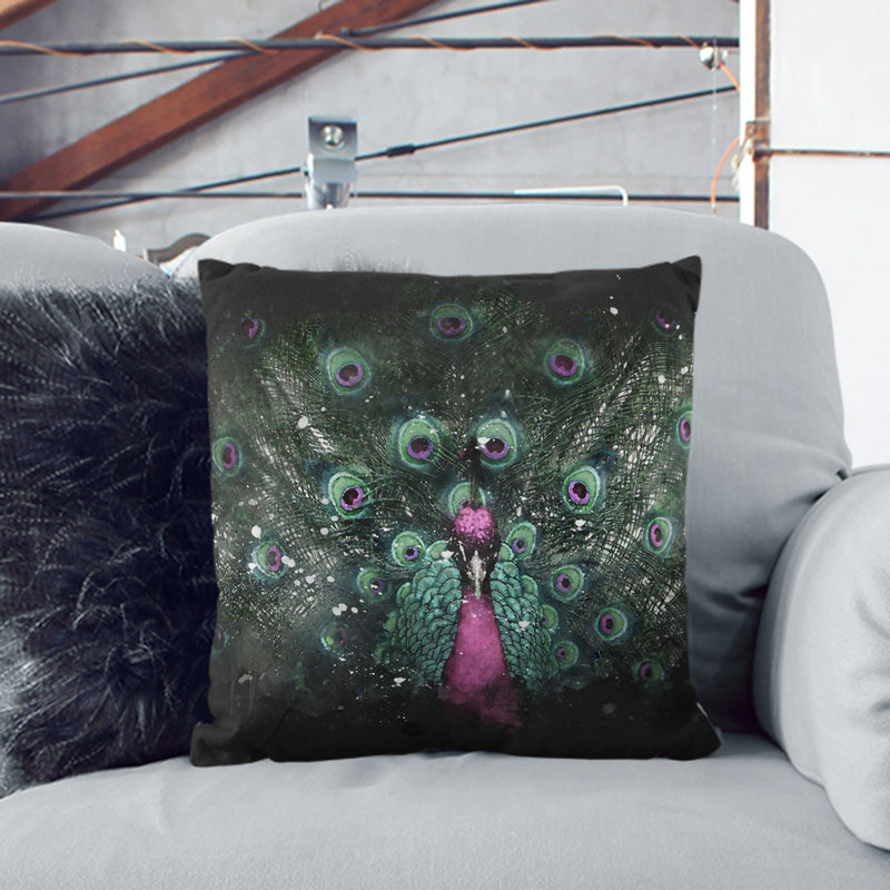 Mesmerising Peacock Paint Splash Cushion with Filling, 55cm H x 55cm W x 20cm D, White