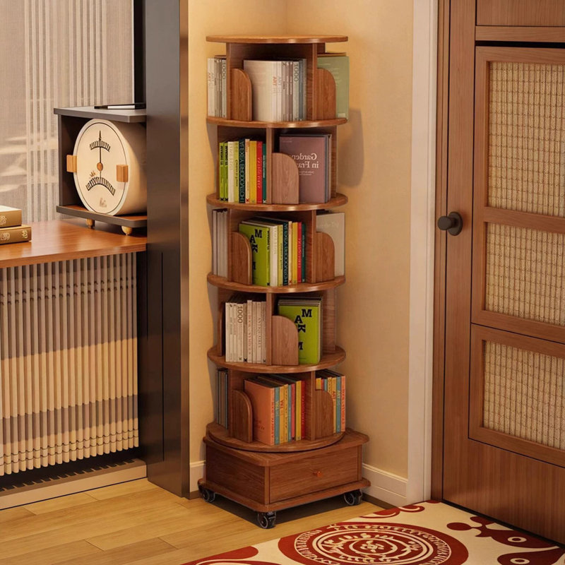 5 Tier Rotating Bookshelf, 360° Display Round Spinning Bookshelf With Wheels, (6 Shelves) 68.1" H x 18.11" W x 18.11" D