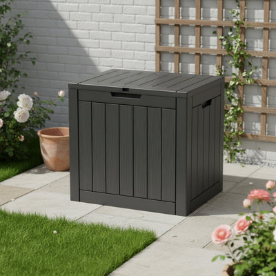 Boîte de rangement pour terrasse 30 gallons, boîte de rangement en résine aspect bois résistante aux intempéries pour fournitures de piscine, coussins de patio, outils de jardin et articles essentiels pour la cour
