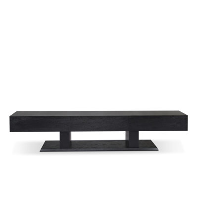 Meuble télé contemporain noir pour écrans de 40 à 49 po, look polyvalent avec base à double piédestal et options de rangement pratiques