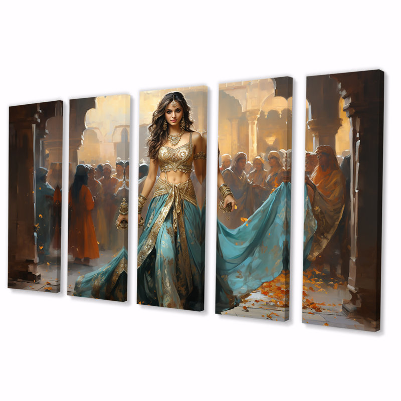 «Blue and Gold Belly Dancer - Dance», art mural sur toile 5 pièces, H 28 po x l 60 po