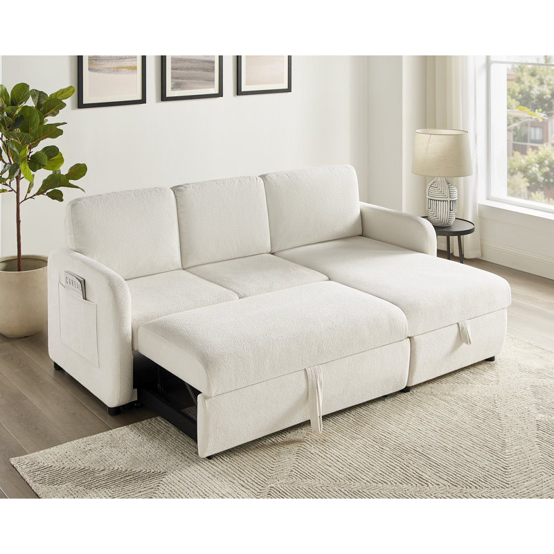 84'' Pull-Out Sofa Bed With Storage Chaise And Side Pockets, White Polyester