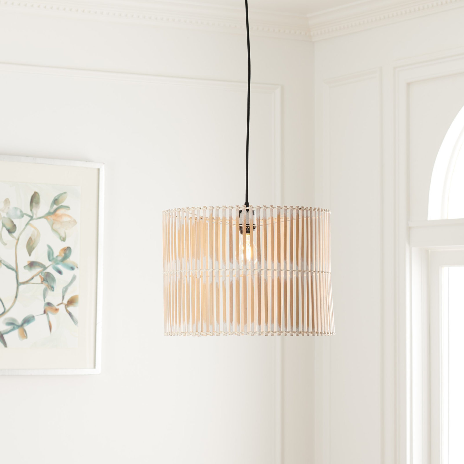 Fareholm Single Light Rattan Dimmable Pendant, White Washed