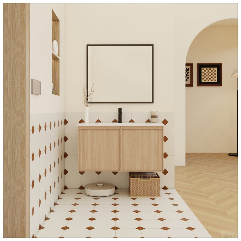 Meuble-lavabo flottant de 36 po avec lavabo, armoire murale moderne en chêne clair, cuve en céramique à bord mince, portes à fermeture en douceur, rangement spacieux, installation facile