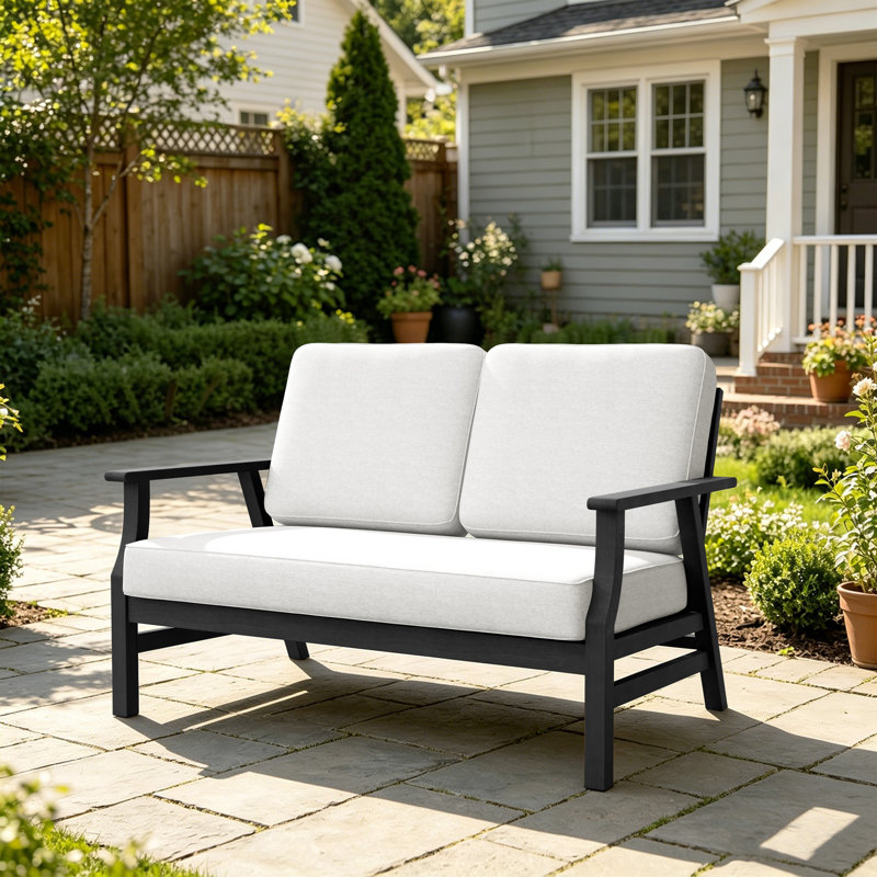 Causeuse d'extérieur en teck massif avec coussin et accoudoirs, Beige, Noir