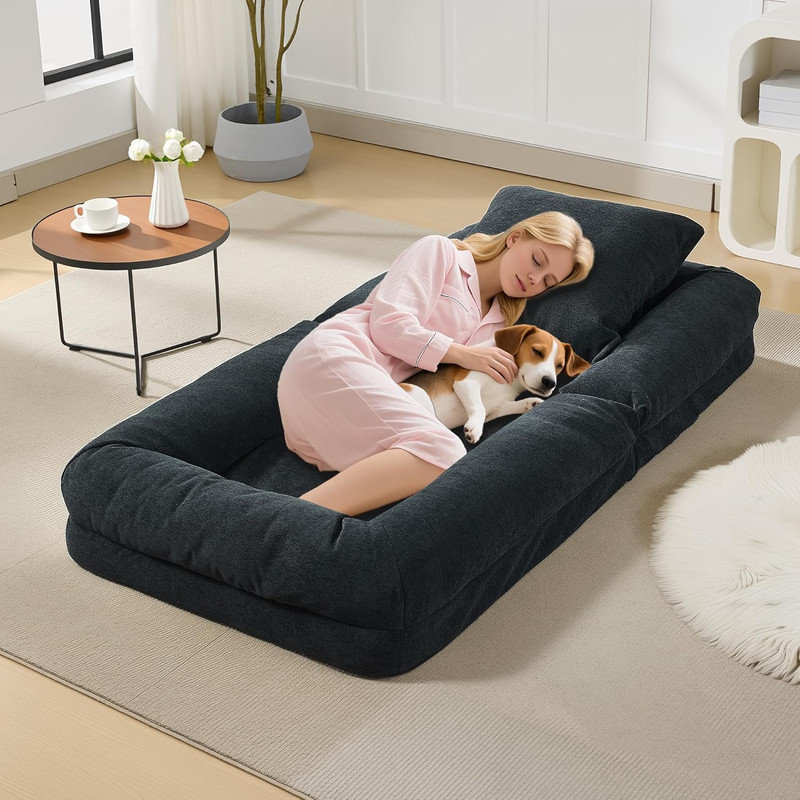 Lit pour chien 64,5 po en chenille 64 po avec 5 positions réglables, fauteuil à billes en mousse à mémoire de forme pour adultes et animaux de compagnie