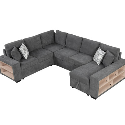 109" U-Shaped Sectional With Storage Chaise, 2 Ports, Pull-Out Bed, Wide , Grey Bed In For Living Space