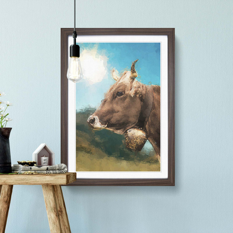 Alpine Cow in the Summertime in Abstract - Picture Frame Painting Print, 87cm H x 62cm W x 2cm D, Walnut Framed