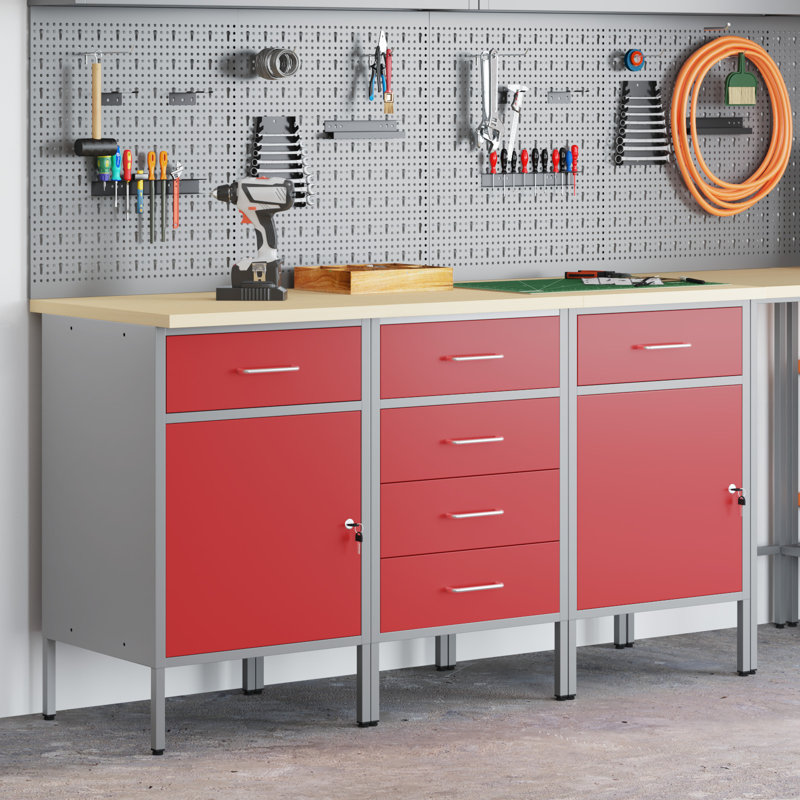 Set Of 3 Steel Medium Height-Adjustable Work Cabinet, Red