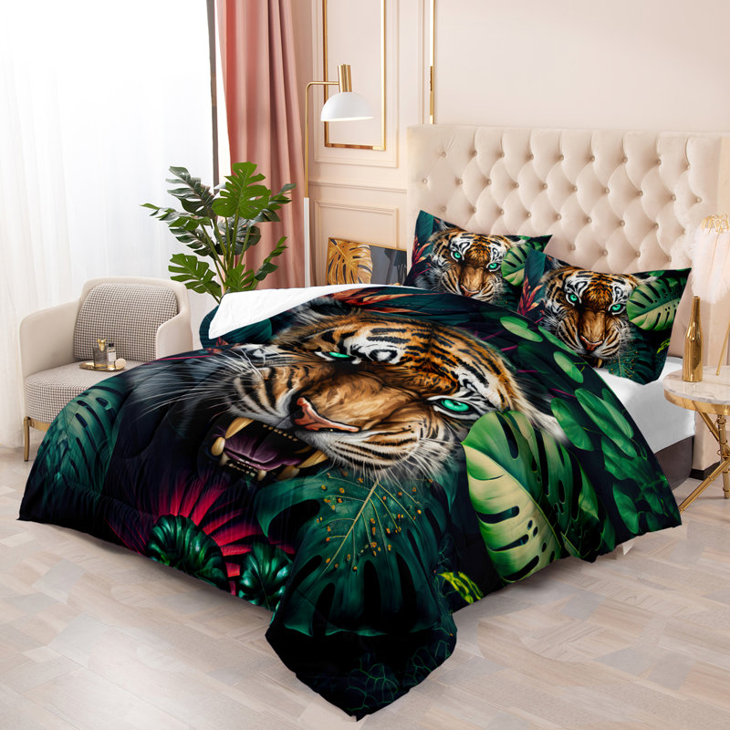 Literie tigre, ensemble de literie à thème tigre avec 2 taies d'oreiller, linge de lit doux et lavable à la machine, couette toutes saisons pour la décoration de la chambre