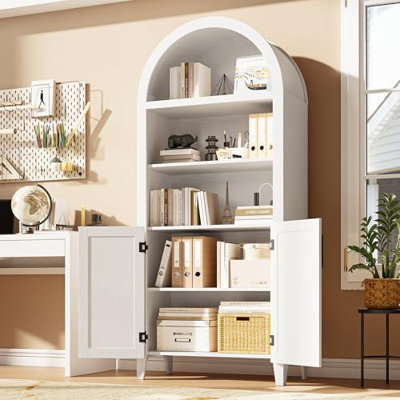 Arched Kitchen Pantry Storage Cabinet - 5-Tier Open Display Shelf with Rattan Decor, Farmhouse Storage Cabinet for Kitchen, Dining Room, Living Room