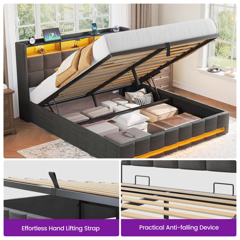 Upholstered Lift Up Storage Bed Frame with LED Lights and Charging Station, Platform Bed, No Box Spring Needed, Full/Double