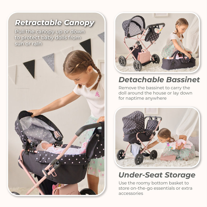 Olivia's Little World 2-in-1 Confetti Doll Classic Stroller With Removable Bassinet & Retractable Canopy, Black