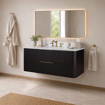 Meuble-lavabo flottant 48 po avec lavabo, meuble-lavabo mural cannelé, comptoir en faux marbre, tiroir à fermeture en douceur, entièrement assemblé, chêne noir