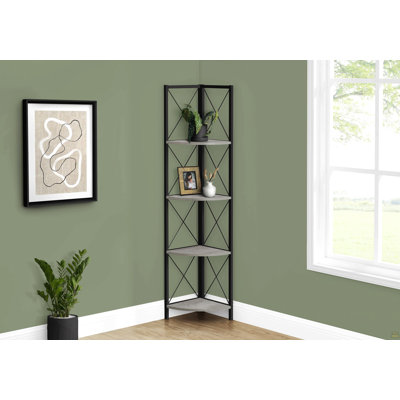 Bibliothèque, bibliothèque, étagère, d'angle, 4 niveaux, h 60 po, bureau, chambre à coucher, stratifié gris, métal noir, contemporain, moderne