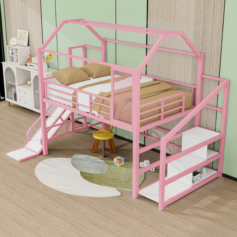 House Loft Bed With Slide And Stairs, Full, Pink