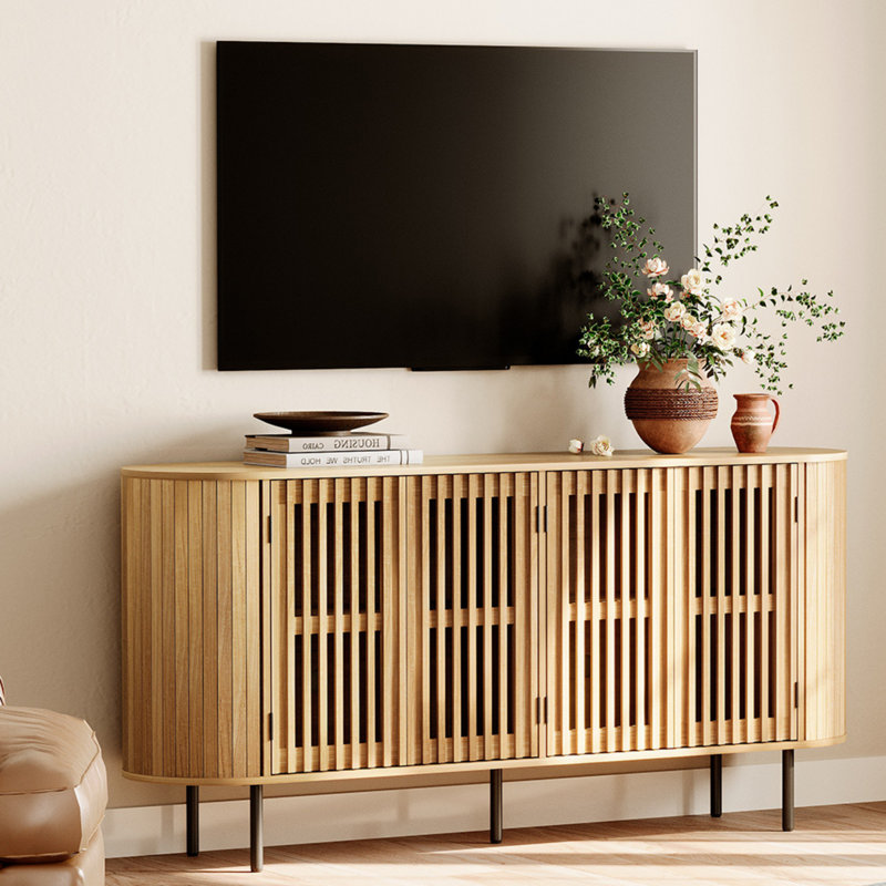 64" Mid-Century Modern Tv Stand  For 90 Inch Tv, Oak Wood