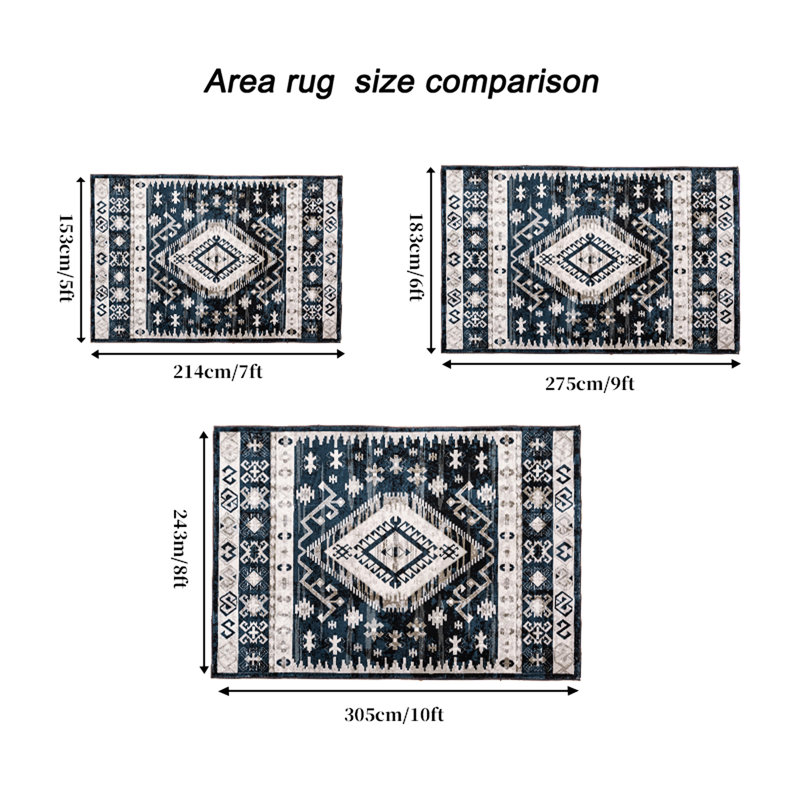 Tapis lavable 6X9 pour salon, chambre à coucher, cuisine - géométrique rétro bleu / noir antidérapant