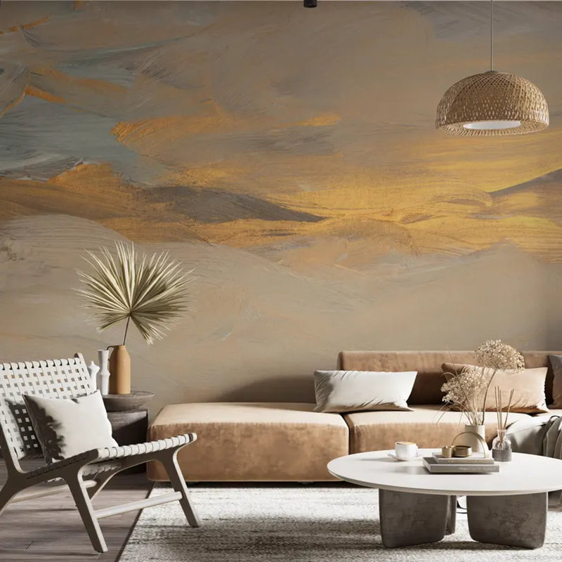 Gold Beige Abstract Brush Wall Mural, 108" L x 96" W