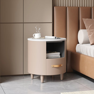 Table de bout ronde contemporaine avec tiroir et rangement ouvert