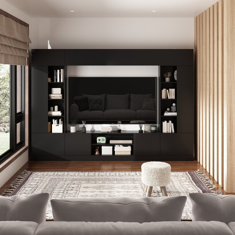 114.2" W Entertainment Center with LED Lights, Bookcases, Cabinets, and Open Shelves, Black