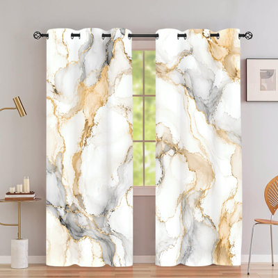 2Pcs Luxury Marble Print Grommet Blackout Curtains, Elegant Abstract Ink Wash Thermal Drapes, Noise Reducing & Full Privacy Protection Sun Blocking Window Treatments for Living Room Bedroom Home Decor