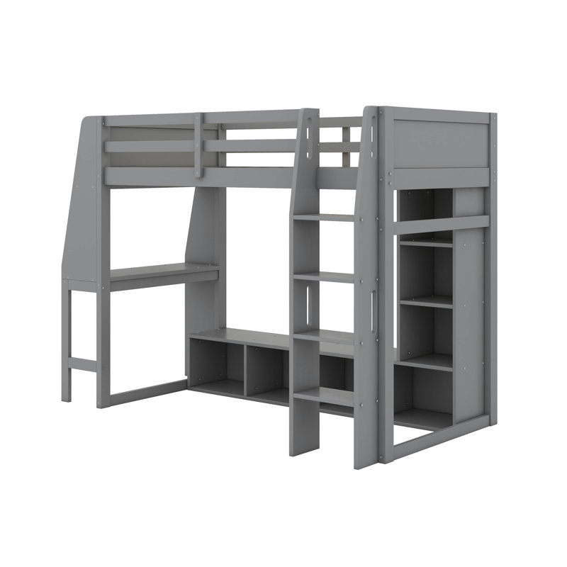 Lit mezzanine simple avec bureau et support à vêtements suspendu, Gris, Lit simple
