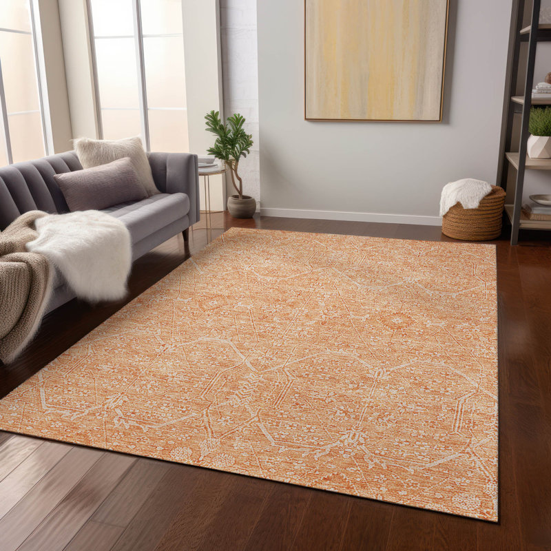 Machine Washable Indoor/Outdoor Claudian ACN1224 Salmon 9' x 12' Rug, Rectangulaire 3 pi x 5 pi
