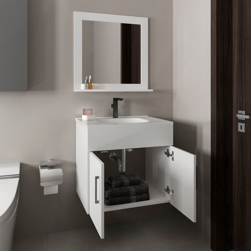 Bathroom Set, Vanity Sink + Mirror, 2 Doors, 1 Shelf, 1 Mirror, White, White