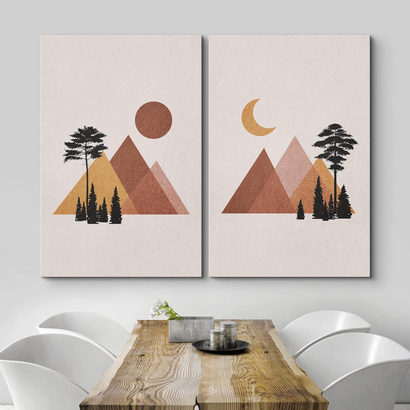 Soleil et lune, paysage de forêt, formes abstraites modernes sur toile, 2 pièces, H 24 po x l 32 po x P 1,5 po, Toile tendue