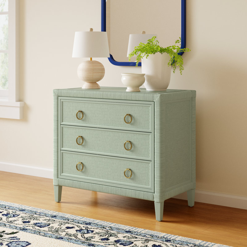 Warwick 3-Drawer Wicker Chest, Celery, Satin Brass