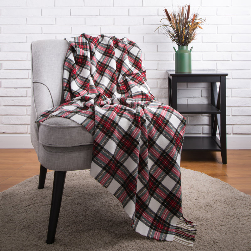 Red and White Plaid Acrylic Fringe Throw Blanket