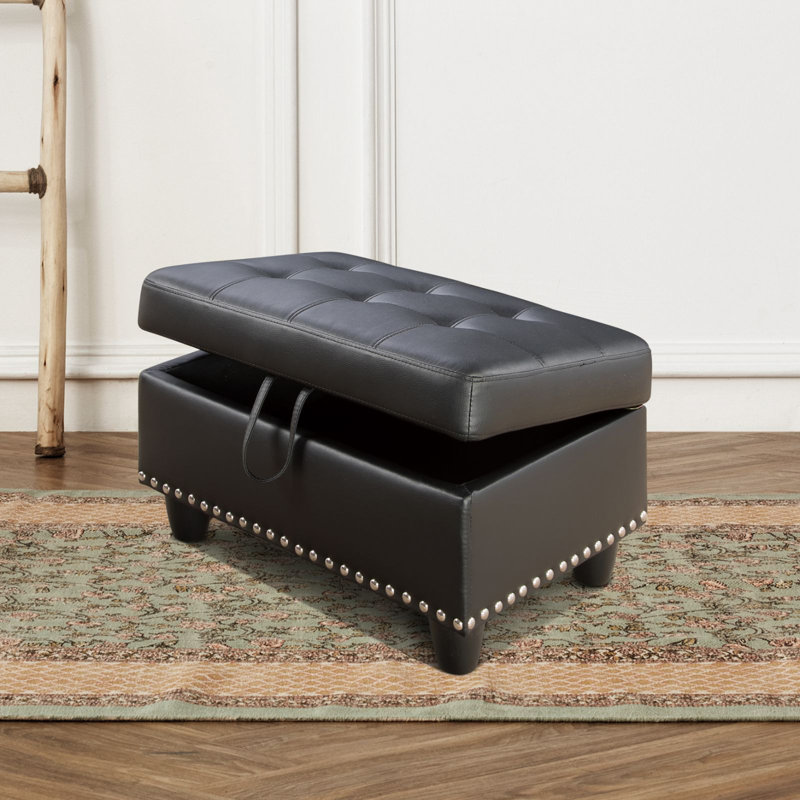 Yinn Upholstered Standard Storage Ottomans with Nails, Yinn Black Faux Leather