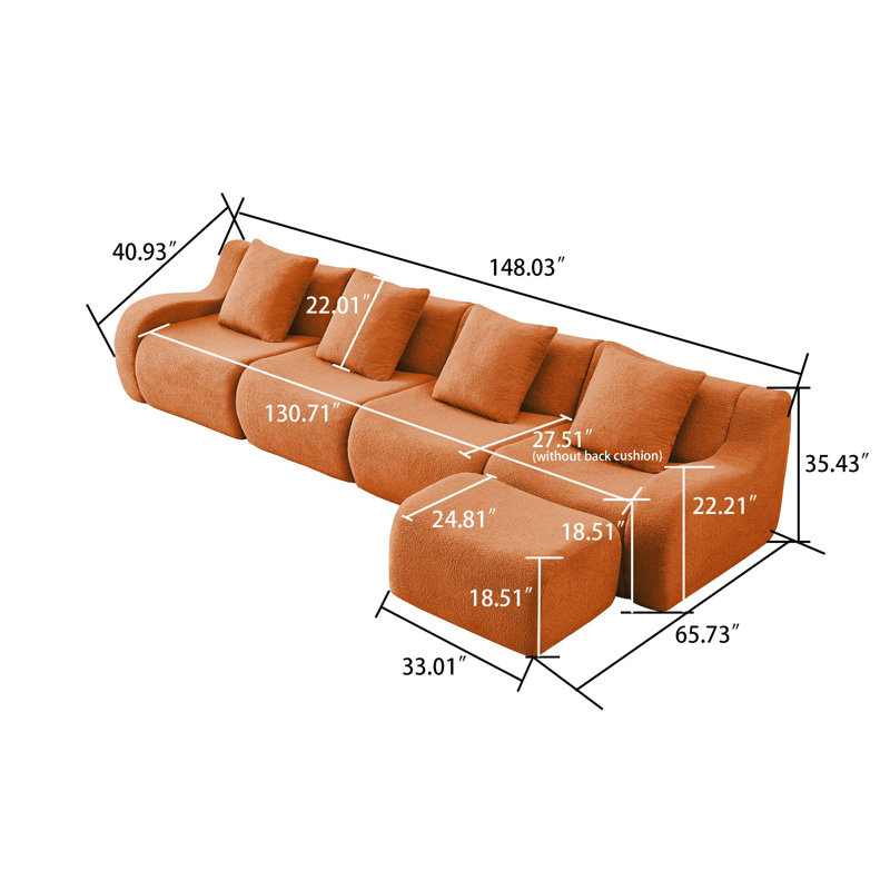 Canapé modulaire rembourré 4 places avec repose-pieds, Orange moelleux, H 35,43 po x l 148,02 po x P 65,73 po